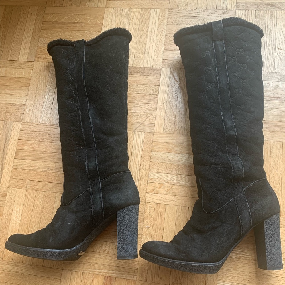 Gucci Black Suede Boots GG Merino